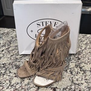 Steve Madden Grey Fringe Heeled Sandals